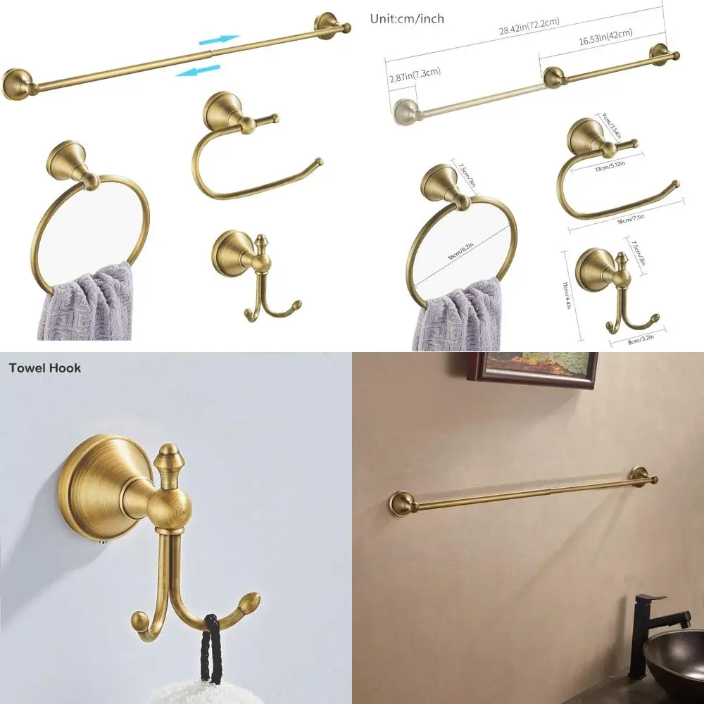 Antikes Vintage-Badezimmerzubehör-Set aus gebürstetem Messing, verstellbare Handtuchstangenbefestigungen, an der Wand montiertes Badezimmer-Hardware-Set