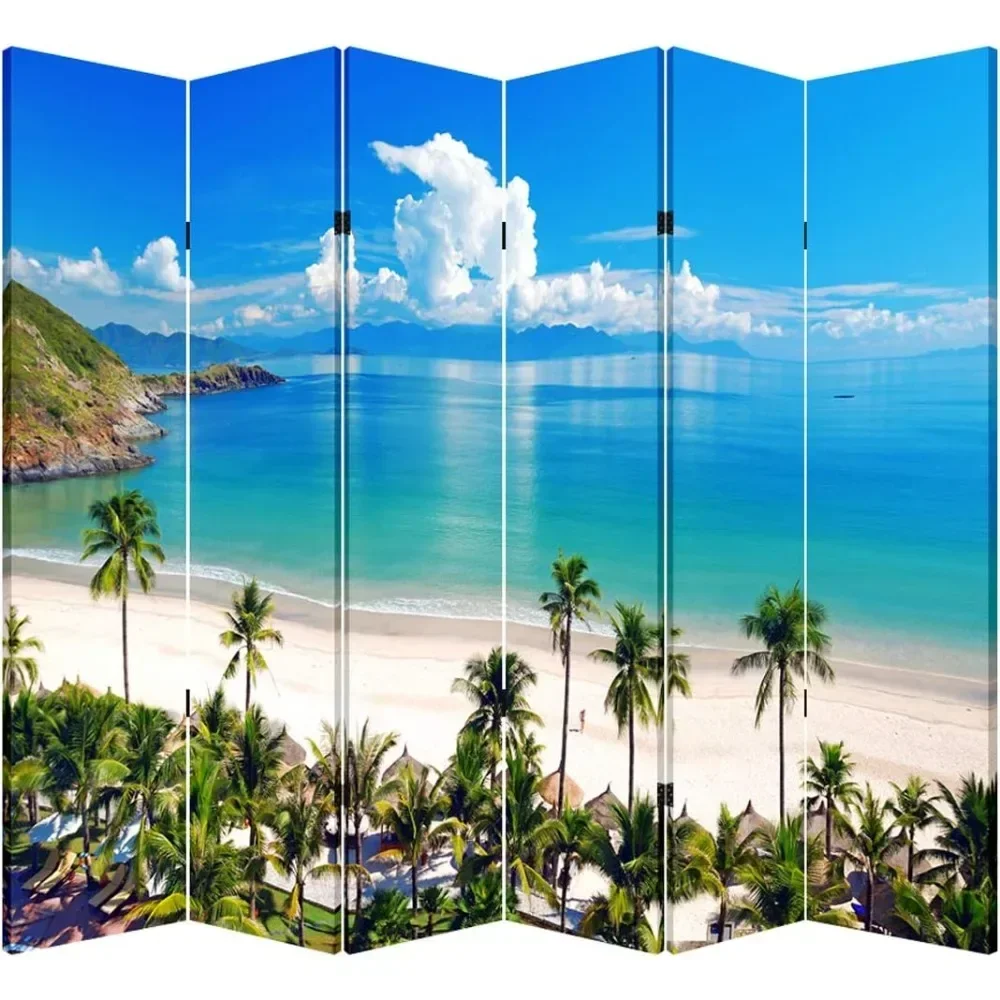 Privacy Screen Room Divider Partition with Beach Huts Canvas, Water Resistant for Living Room, Bathroom,