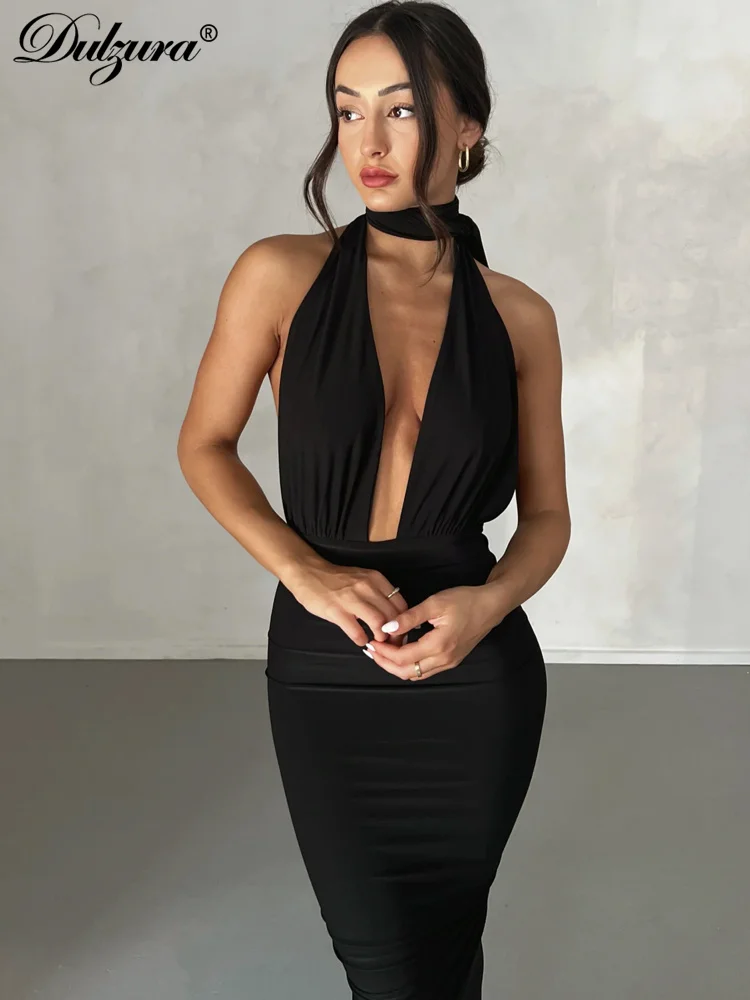 Dulzura Solid V Neck Backless Ruched Maxi Dress Bandage Sleeveless Bodycon Sexy Party Elegant Outfit Streetwear Birthday Evening