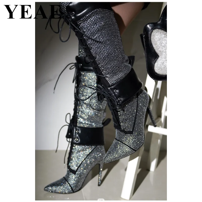 

Luxury Bling Rhinestone Lace Up Knee High Boots Women Pointed Toe High Heels Long Boots Cross-tied Party Shoes Woman Botas Mujer