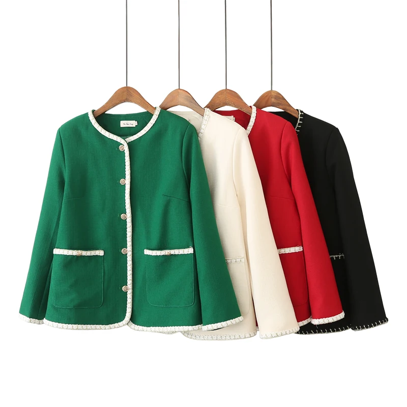 Autumn Ladies Casual Oversized Jacket Double Pocket Embellished Retro Style Large Size Coat Loose Small Suiting for Women