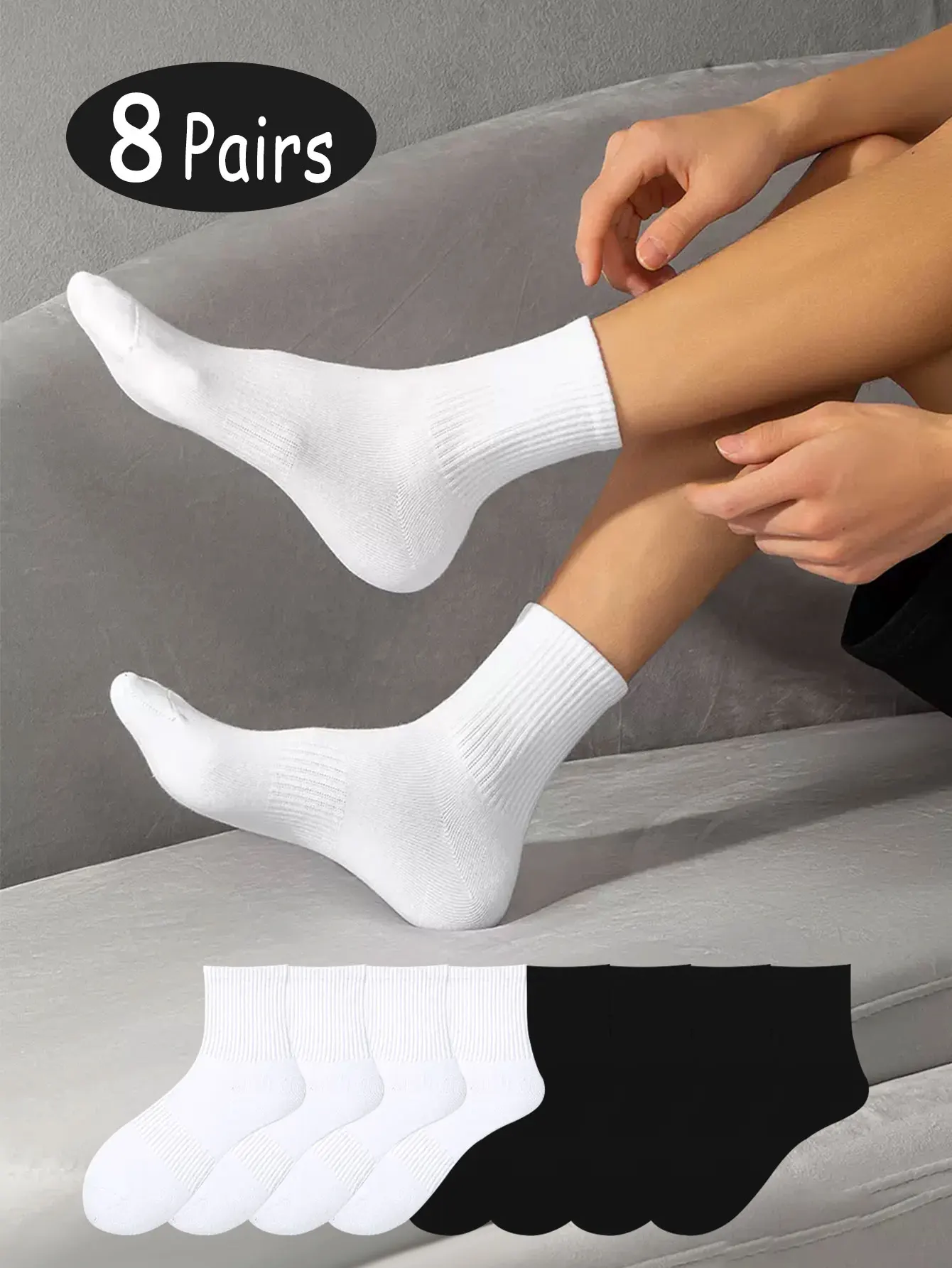 5 pairs of socks for men\'s summer thin mid length socks, antibacterial, deodorizing, sweat absorbing, breathable, and white spor