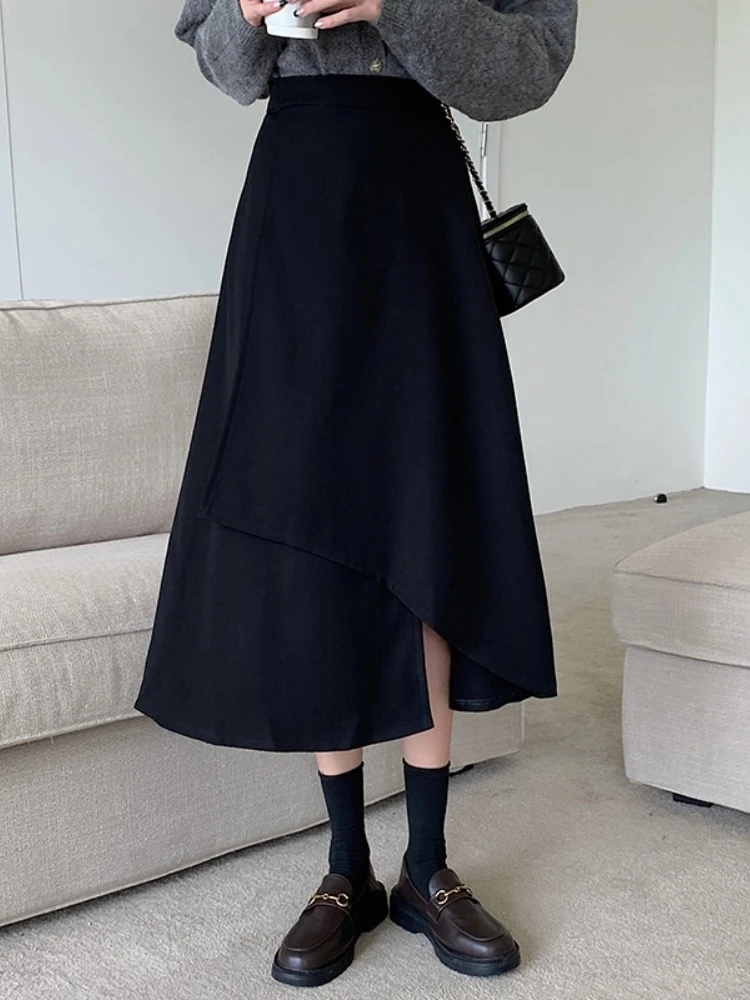 

2025 Autumn Winter Plus Size High-Waisted Black Bodycon Skirt Medium-Length Irregular Pleated Umbrella Skirt for Big Size Women