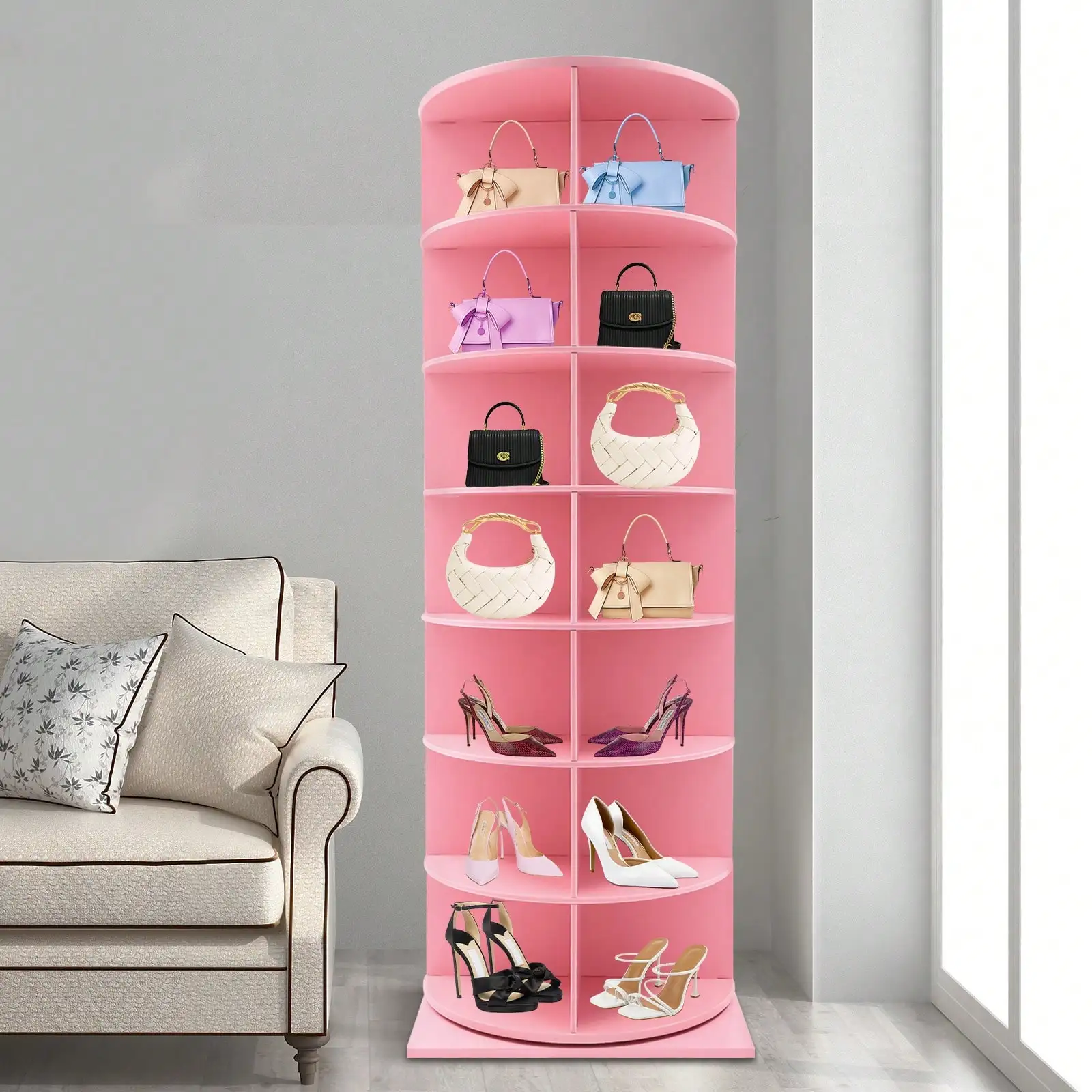 Pink/Black/White 7-Tier Rotating Shoe Rack Tower Spinning Wood Shoe Rack Free Standing 360° Revolving For Entryway Hallway