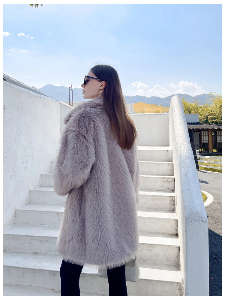 2024 winter new fur coat women's medium length loose suit collar fox fur warm coat