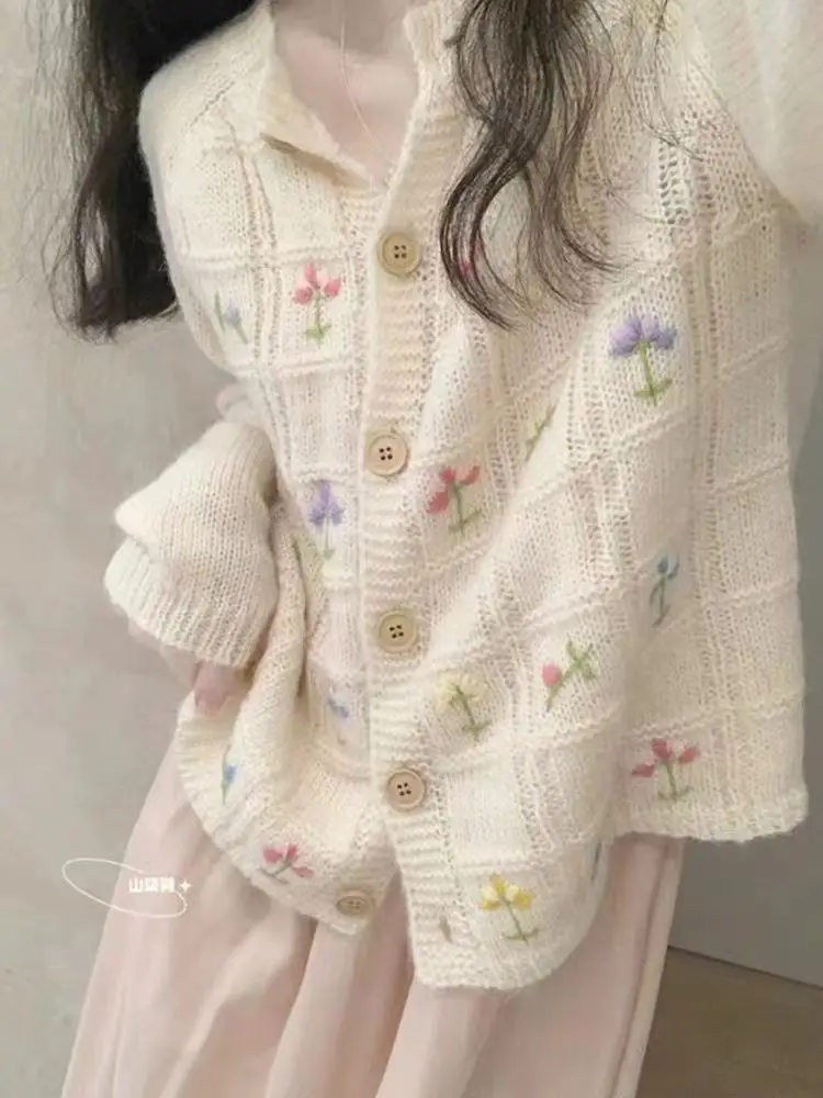 Autumn Winter Japanese Vintage Lazy Embroidery Sweater Women\'s  Long Sleeve Casual Fashion Flower Knitted Cardigan Coat X8190