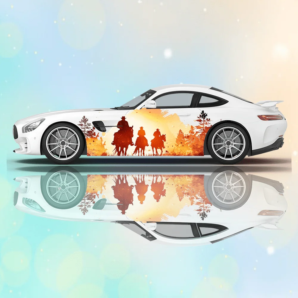 

Ковбои верхом на лошади, закат, автомобиль, виниловые наклейки, самоклеящаяся наклейка из ПВХ, подходит для грузовиков, внедорожников, декор, автоаксессуары, подарок