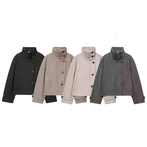 Buckle Stand Collar Casual Coat