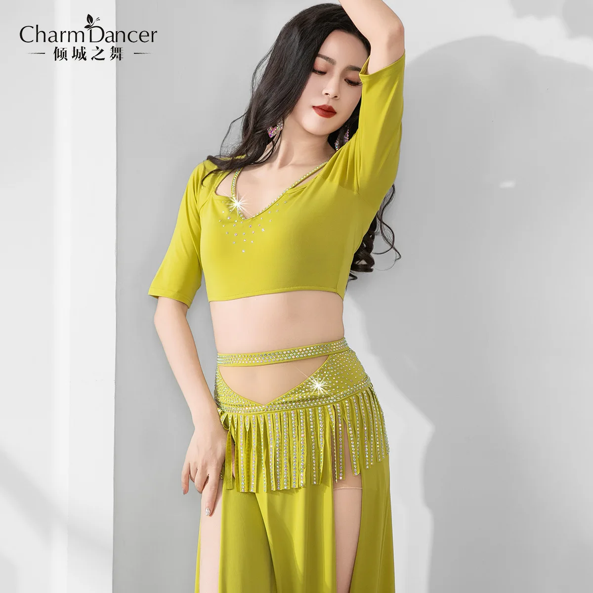 Vêtements de spectacle de danse du ventre pour adultes, vêtements de cours, Costume Oriental, haut à franges, jupe longue, ensemble vert Rose rouge, tenue de fête sur scène