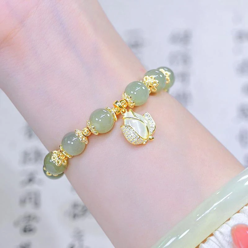 Fashion Chinese Style Imitation Jade Tulip Bracelet Vintage Light Luxury Beaded Bracelet Women's Girls Party Jewelry Gift