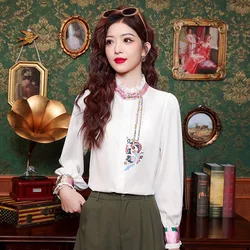 Silk Women's Blouses Summer Chinese Style Long Sleeve Fashion Shirts Loose Fit Korean Top O-Neck New Embroidery Casual Clothing