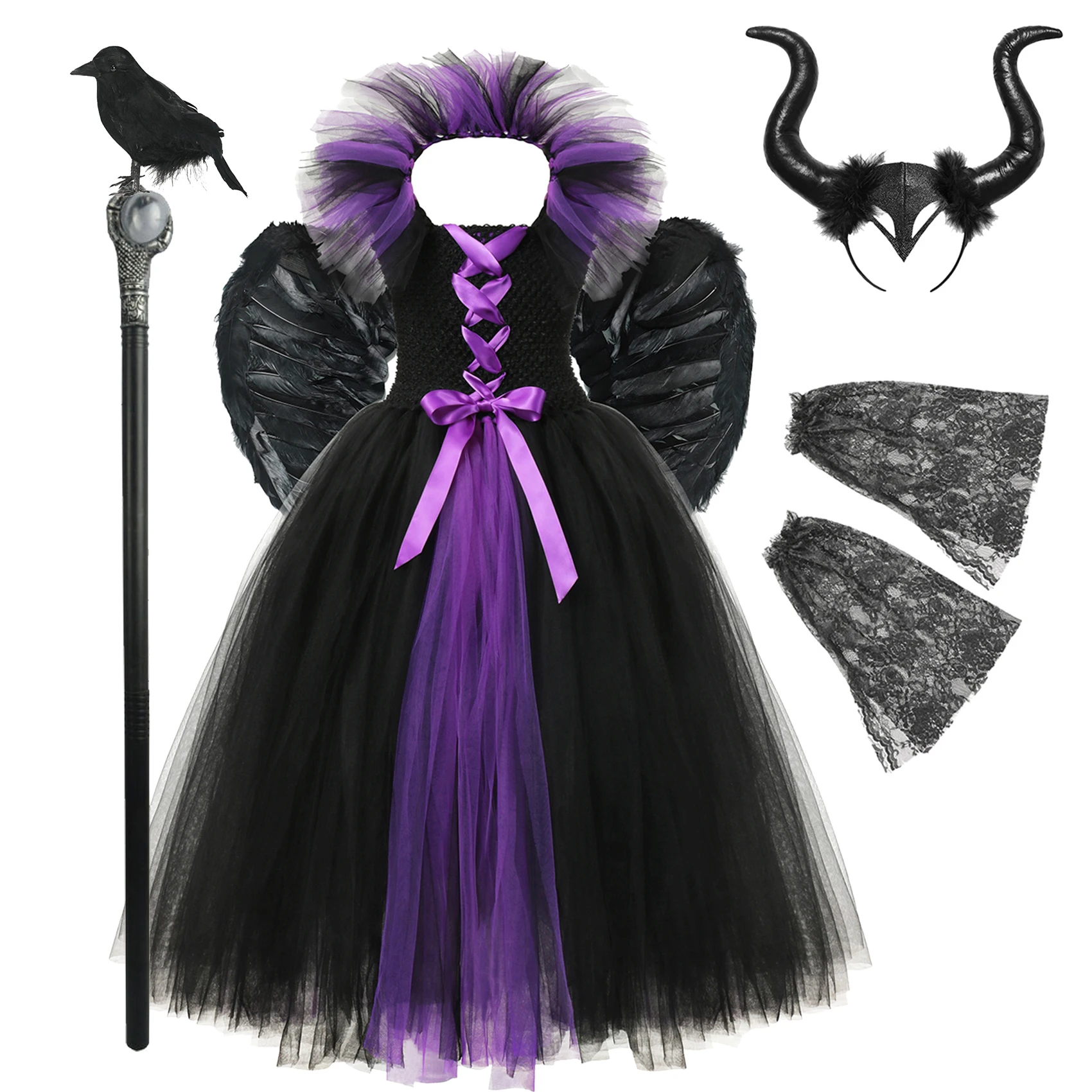 Disney Halloween Maleficent Witch Costume Kids Cosplay Demon Queen Dresses Deluxe Tail Girls Fancy Black Glam Gown Tutu Clothes