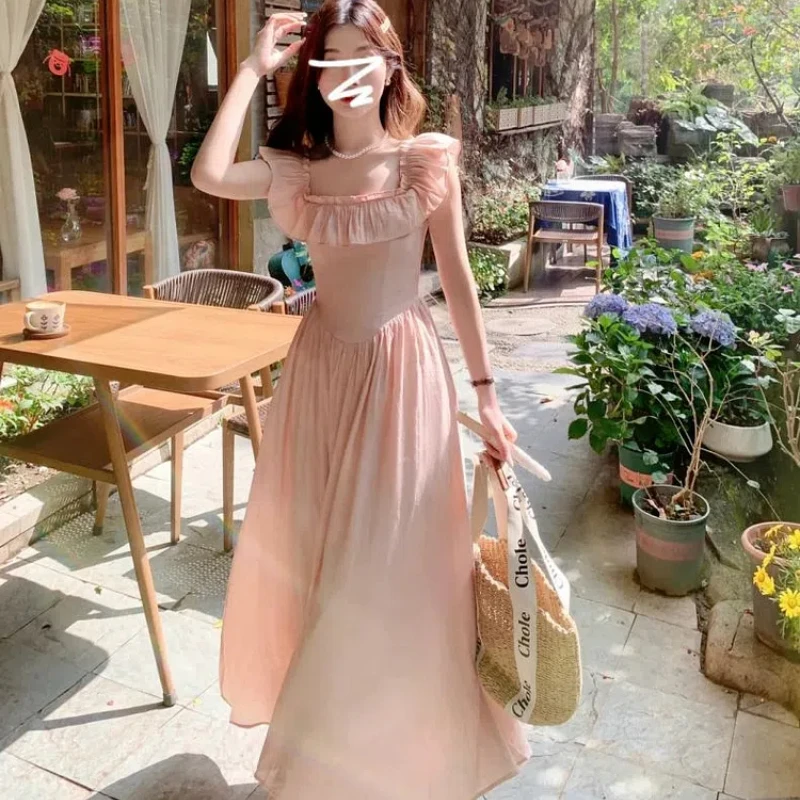 Summer Women\'s Elegant Korean Style Chic Sleeveless Office Dress Pink Square Neck Strap Party Sundress Casual Loose Robe Femme