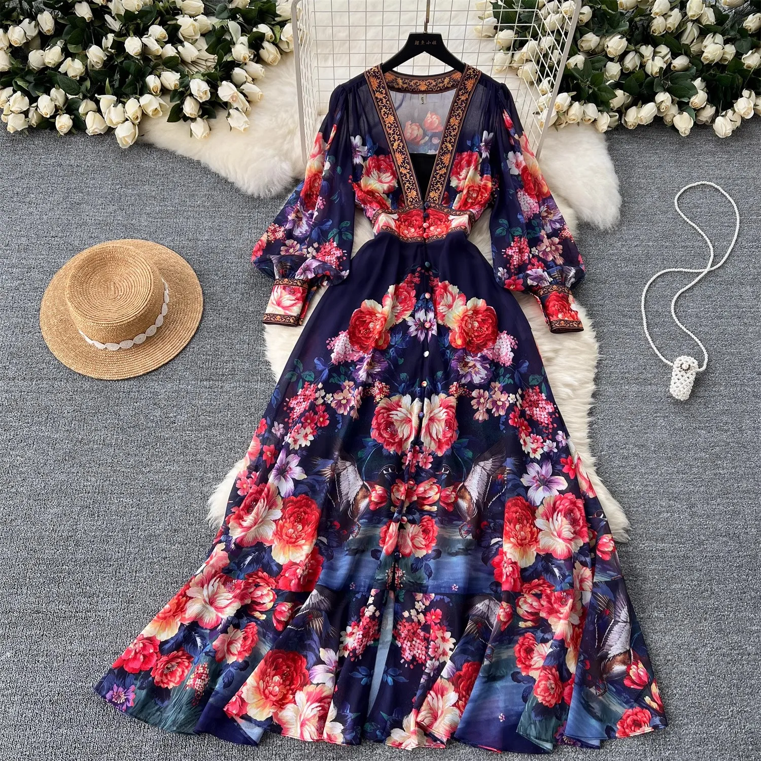 

Beach Casual Elegant Retro Bohemian Holiday V-Neck Elastic Waist Large Swing Printed Summer Long Robe Woman Beach Clothes 2072