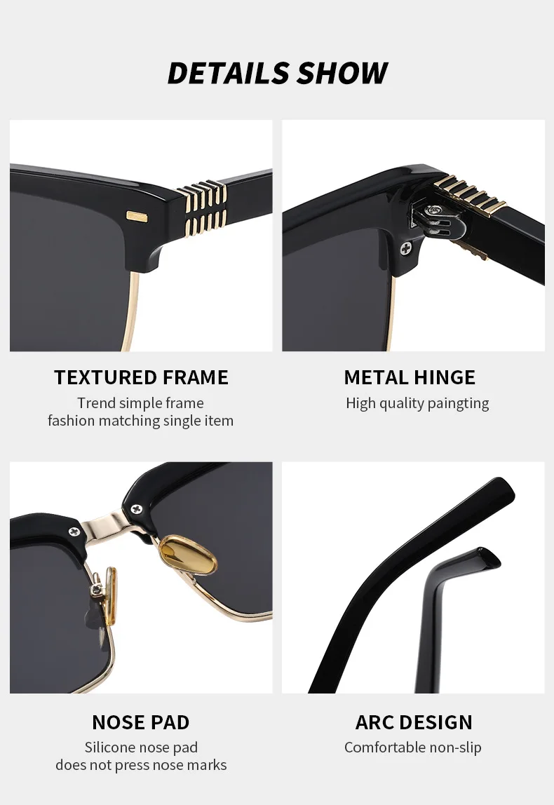 SHAUNA Fashion Nieten Halbrahmen Sonnenbrille UV400 Quadratische Anti-Blaulicht-Brille – Detail 5