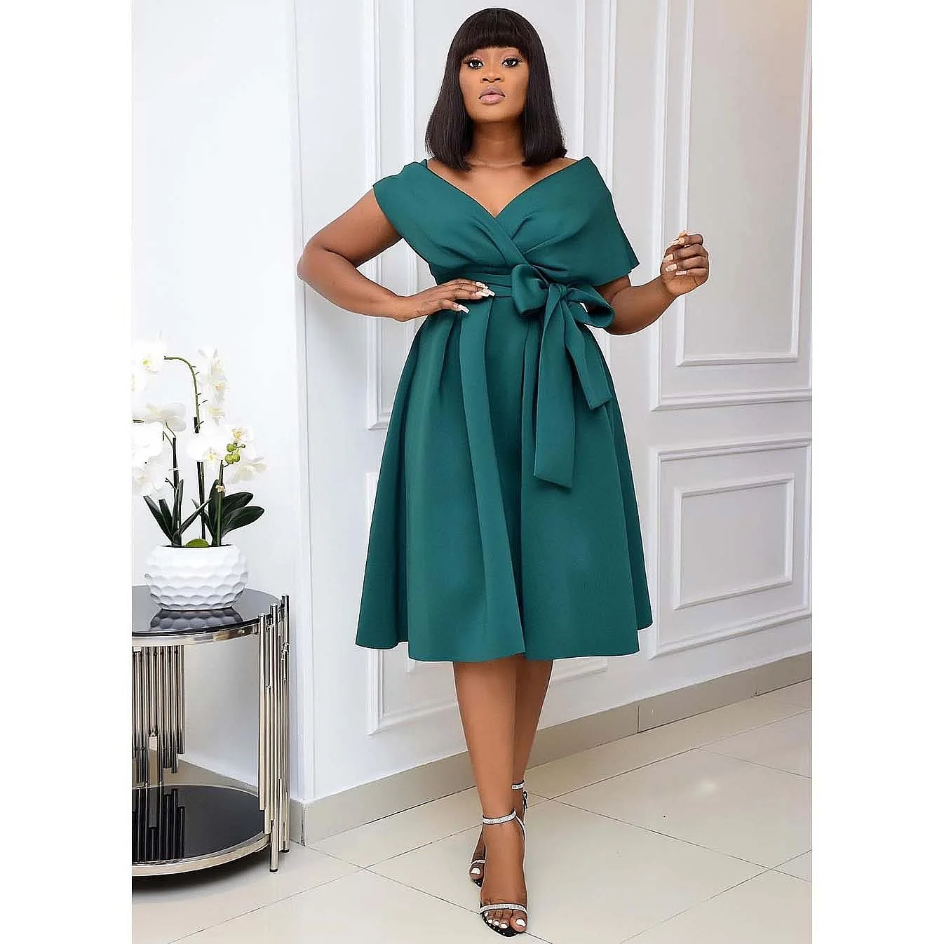 African Plus Size Short Sleeve V Neck Off Shoulder Evening Dress Maxi Dresses Spring Summer