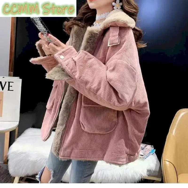 Winter Coat Women New Korean Loose Wild Zipper Corduroy Lamb Wool Jacket Thicken Warm Tooling Cotton Jackets Womens Parkas
