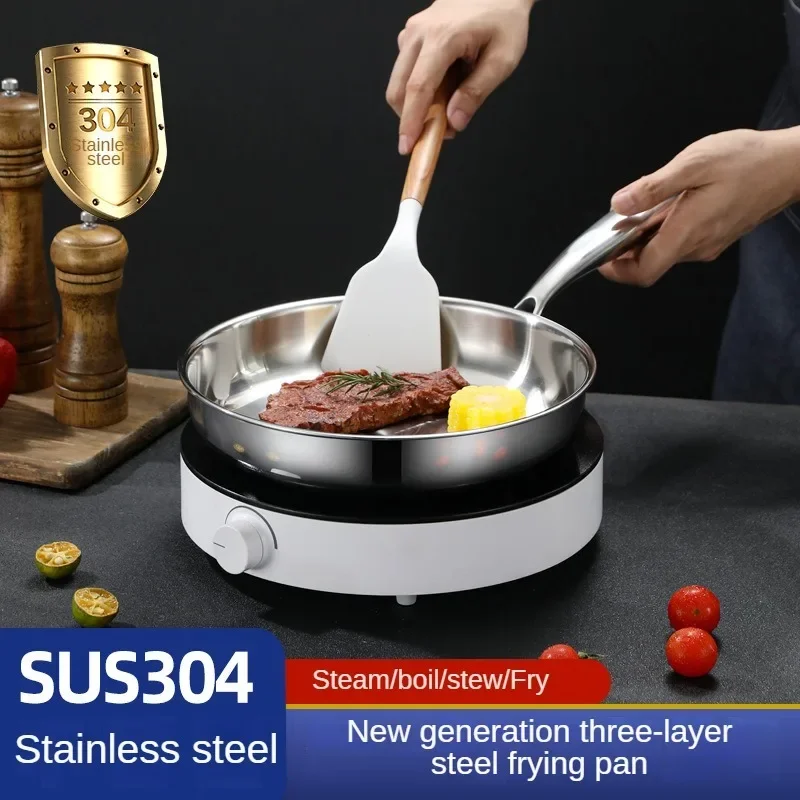 Uncoated  Kitchen Pans 304 Stainless Steel Frying Pan Eggs Fried Steak 3 Layers of Steel Cookware Cooking Pot Non Stick  Wok