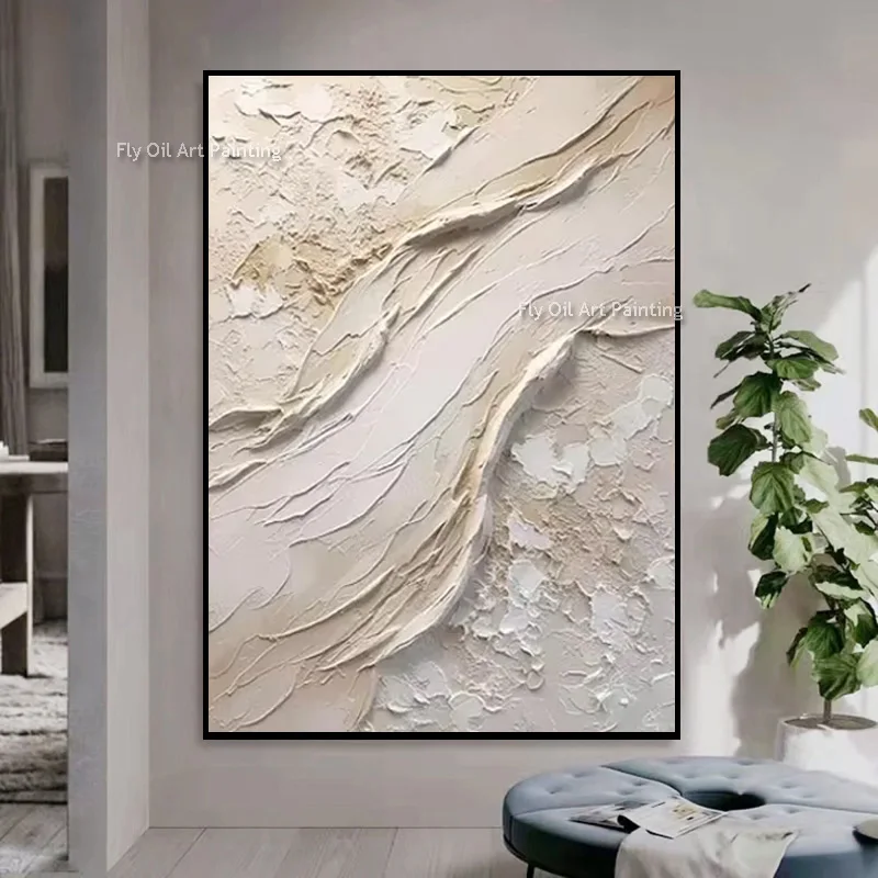 Pure Hand Painted Knife Thick Texture Abstract Seascape Oil Painting Neutral Beige Impasto Canvas Wall Art For Interior Decor