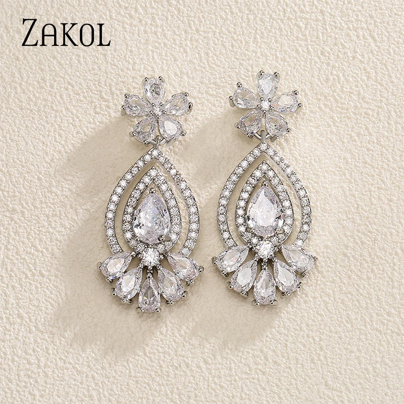 ZAKOL Exquisite Retro Green Teardrop Cubic Zirconia Geometric Flower Dangle Earrings for Women Female Party Jewelry Wholesale