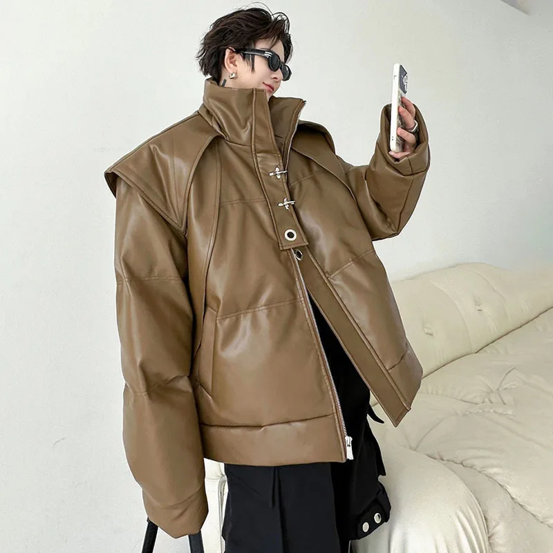 LUZHEN Leather Color Neck Solid Men Cotton Coat Standing Loose Oversize Padded Jacket Casual 2024 Personality Male Winter LZ5755