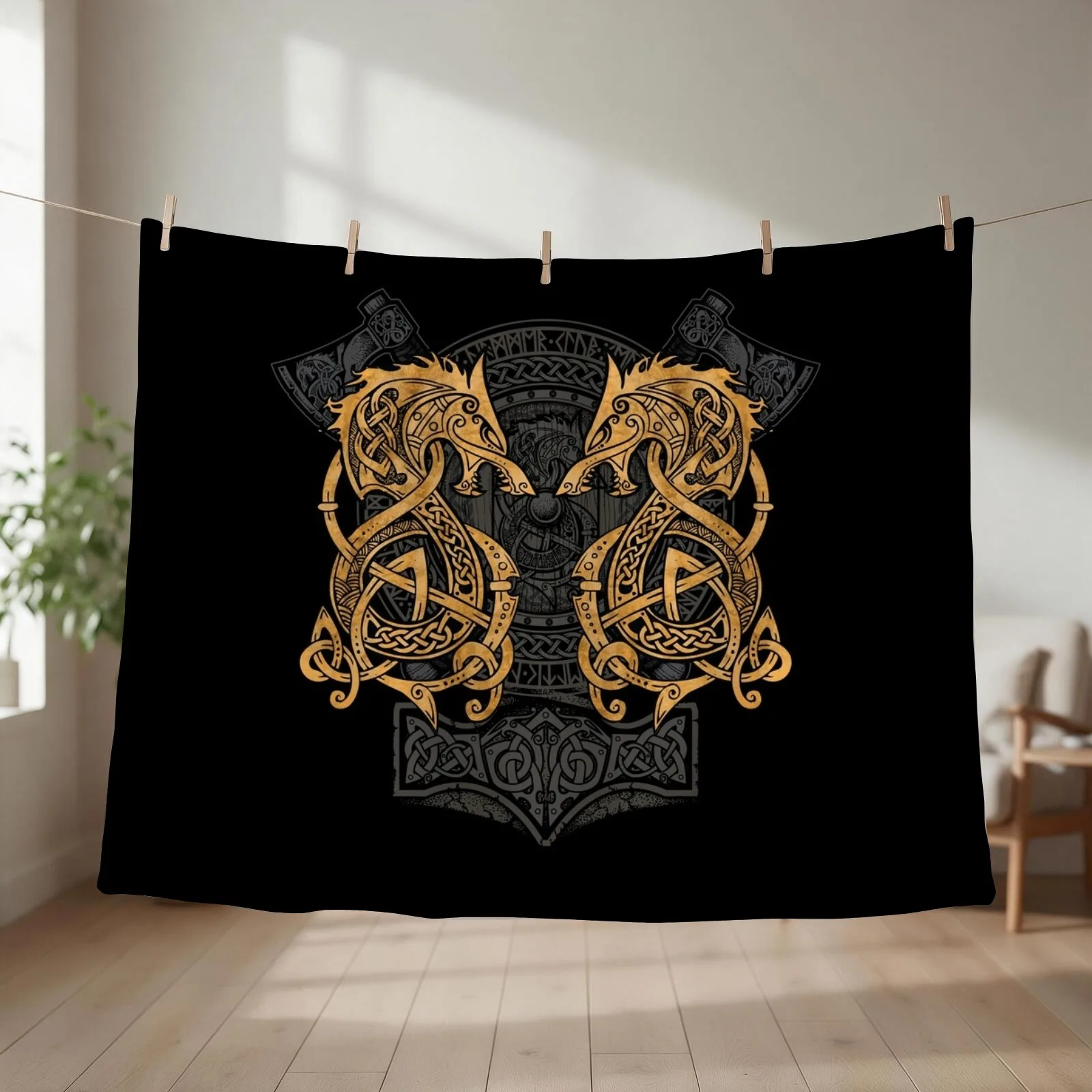 Fighting Fenrir Gold Throw Blanket couch cozy soft plush fuzzy picnic outdoor blanket