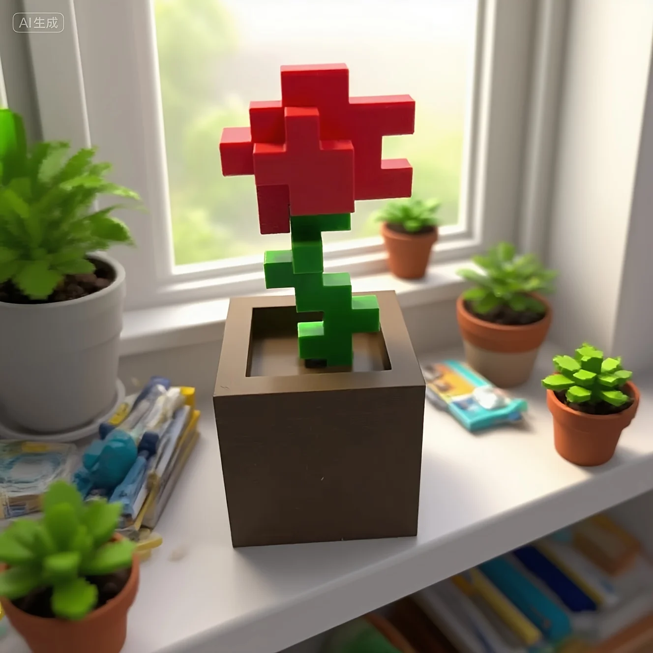 1 Piece Pixel Rose Flower Ornament, 3D Printed Unique Flower Decoration, Plastic Product, Suitable for Bedside Table, Desktop