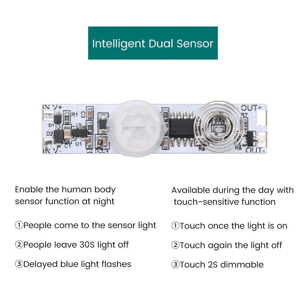 DC3.7-24V 3A Intelligent Dual Induction Switch Night Human Infrared Sensing Day Touch Dimming Switch Module