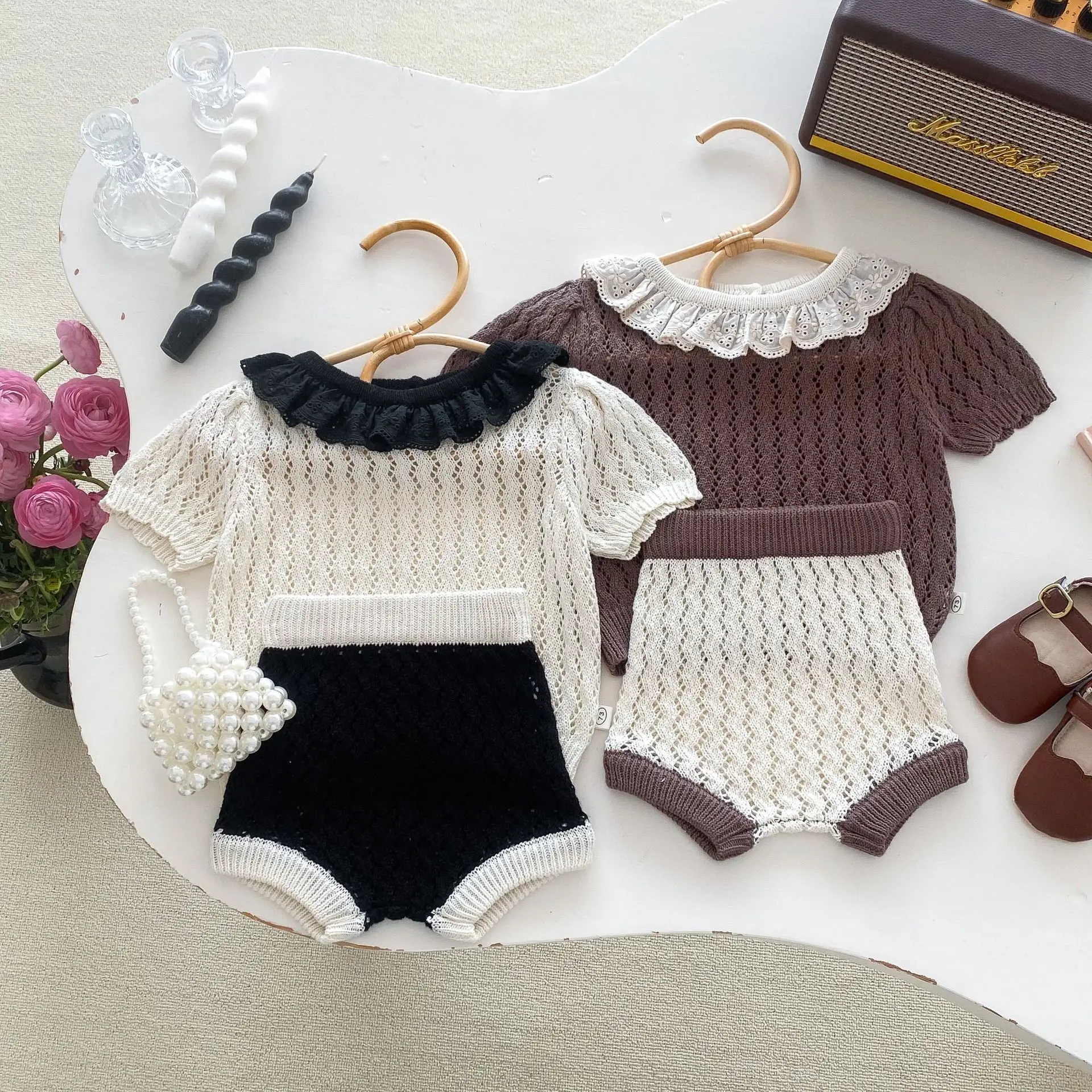 2024 New Baby Clothing Set Ruffle Collar Tee And Knit Bloomers 2 Pcs For Girls Summer Toddler Knit Hollowed Outfit