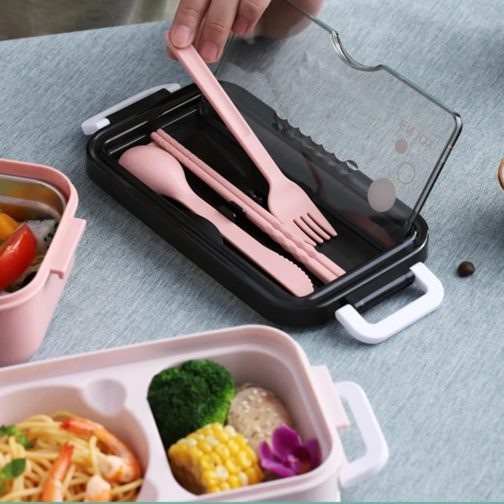 1pack Lunch Box Double-layer Portable Compartment Food Box Lunch Box With Fork Chopsticks And Spoon for School Office