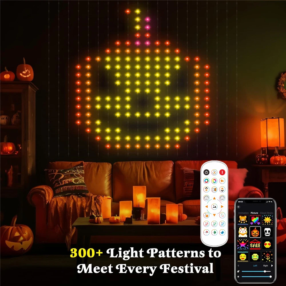 Luces de cortina LED inteligentes USB, 400 luces de cadena de cortina DIY con patrón dinámico LED con aplicación y control remoto para regalo de cumpleaños y Pascua