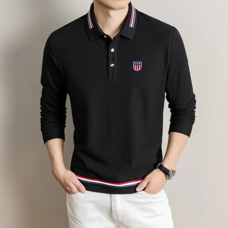 Hochwertiges Herren-Polohemd aus 100% Baumwolle mit Langen Ärmeln, Revers und Knöpfen, Exquisites Muster-Stickerei, Herbst-Neuheit, Vielseitige Freizeitkleidung für Männer – Detail 12