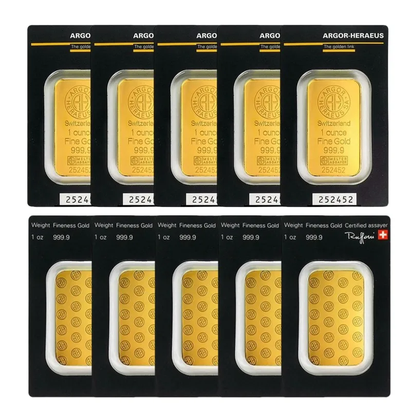 Oferta Imperdível: Artesanato em Latão Banhado a Ouro 24K Argor Heraeus Suíça - Barra de Ouro de 1 Onça - 1-10 Peças - Números Variados