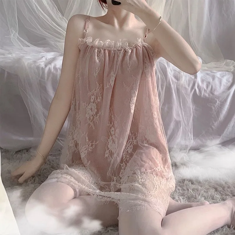 Top Fashion Sexy Spaghetti Strap Sleeping Dress Lace Chiffon Camisole Pajamas Nightgown Womens Sleepwear Fun Lingerie Nightdress