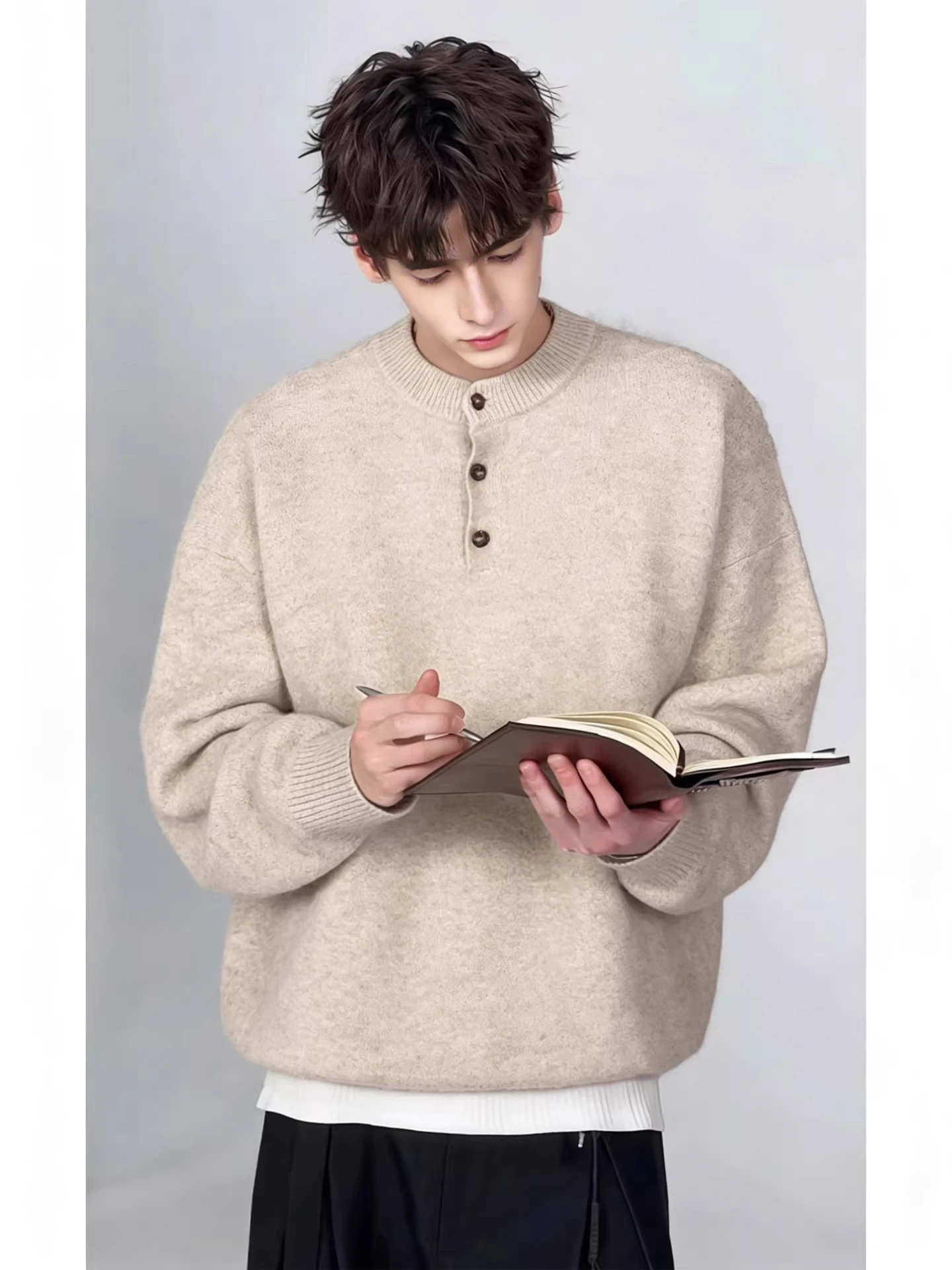 

Мужской вязаный свитер в американском ретро-стиле с воротником хенли, утепленный, для зимы, теплый базовый слой, повседневный, свободный крой, с длинным рукавом