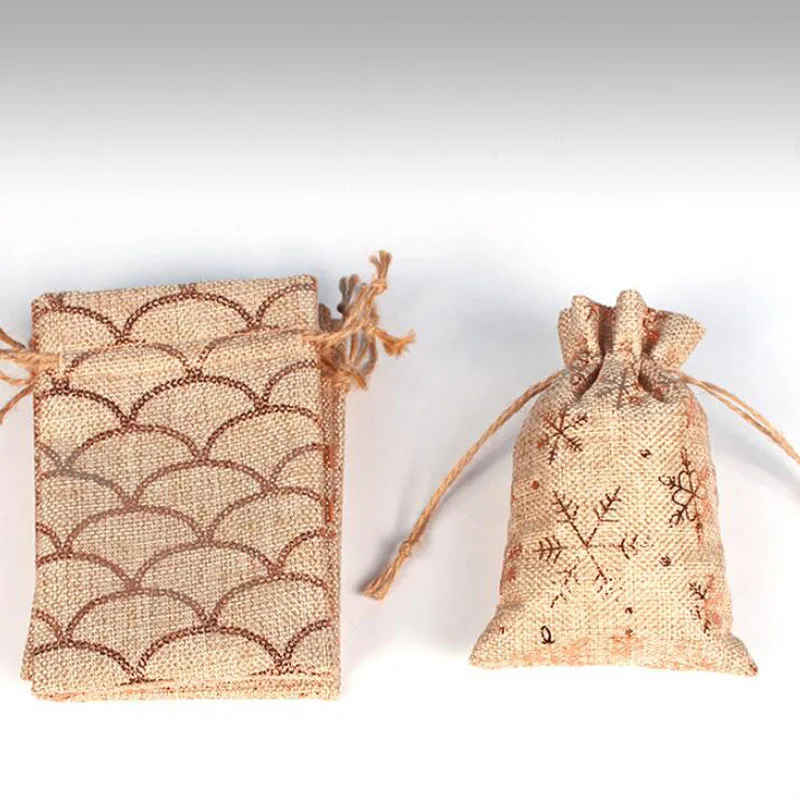 50pcs/lot 10*15cm Stamping Gold Linen Drawstring Bag Jewelry Pouches Wedding Party Candy Christmas Gift Packaging Bags