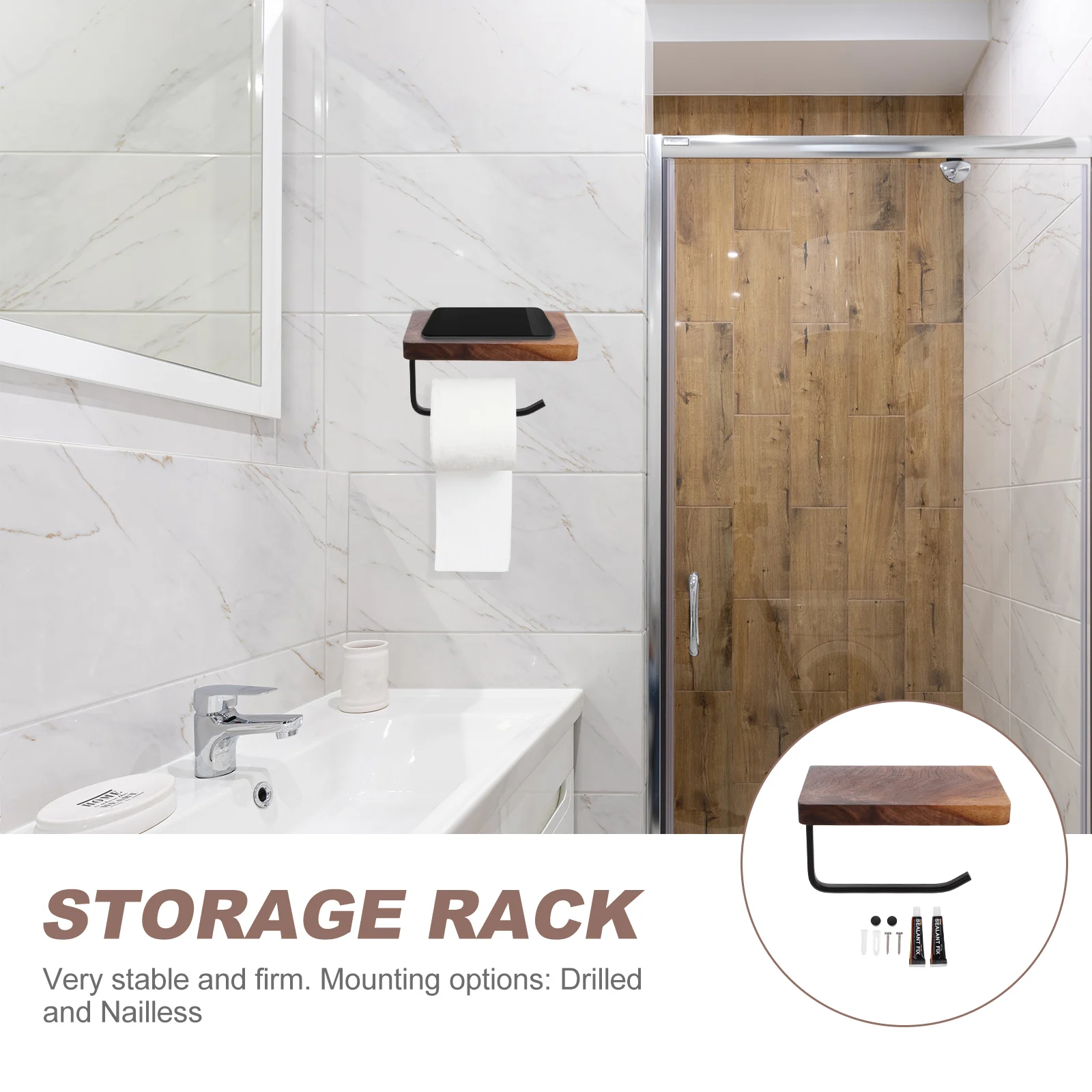 

Roll Paper Rack Tissue Storage Holder Wall mounted Wood Aluminum Simple Design Corrosion resistant Bathroom Kitchen Shelf Paper