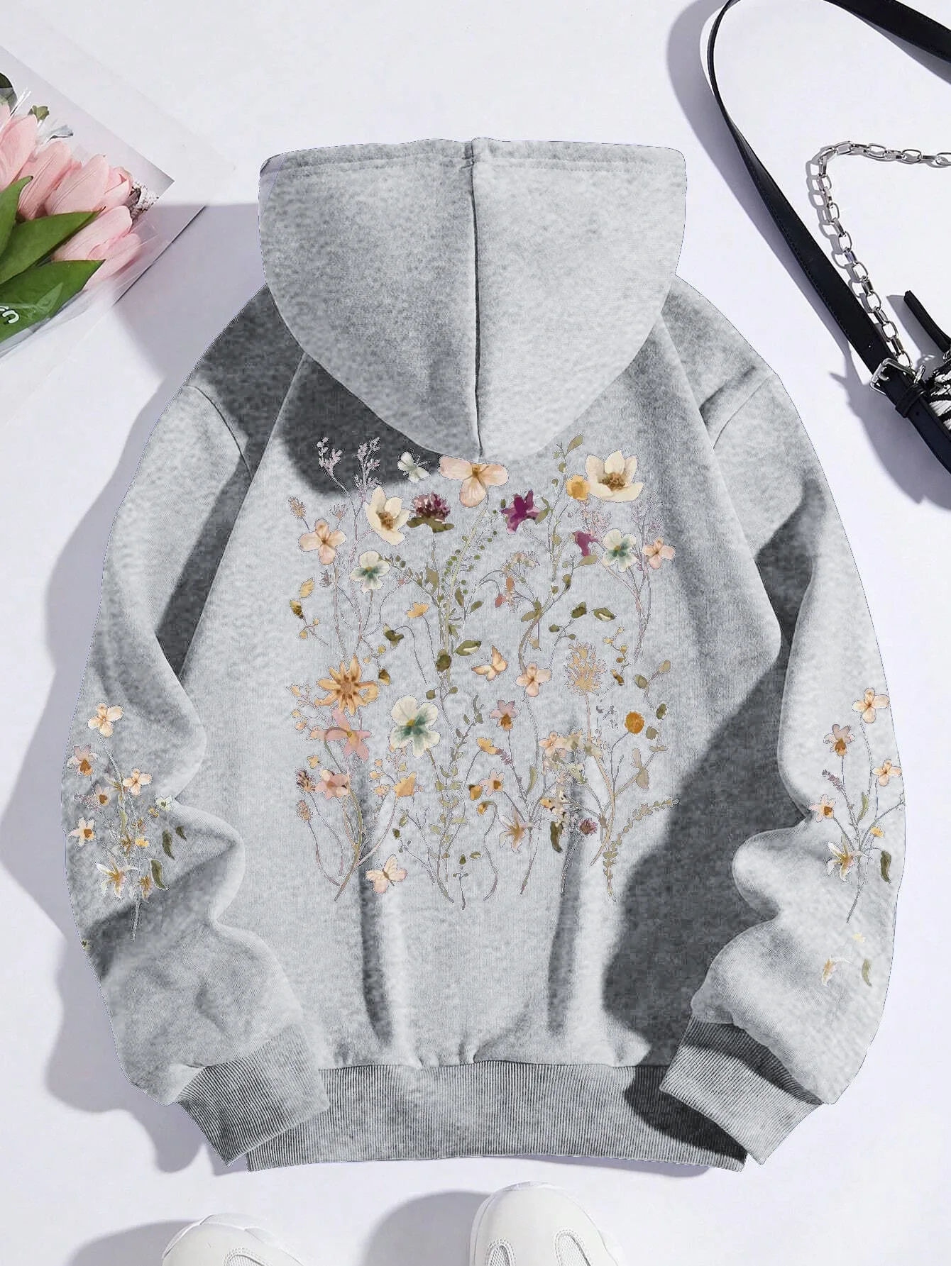 Fashionable cotton women hoodie with beautiful flower print hoodie breathable oversized autumn and winter women clothing