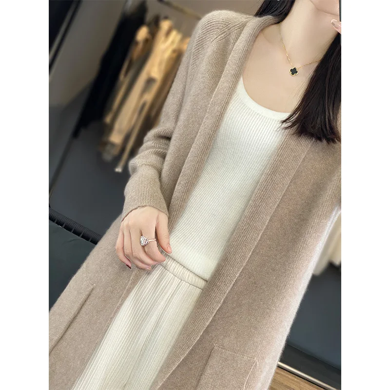 Pure Cashmere Cardigan Jacket Women\'s Medium Length Thickened Pocket Scarf Collar Versatile Wool Knit Outer Layer Sweater