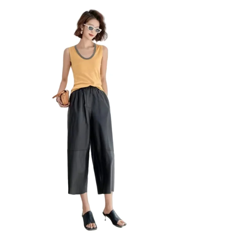 Women's Leather Pants, Ankle Length, Genuine Sheepskin Pants, Wide Leg Haren Pants, Elastic Waist, Spring and Autumn