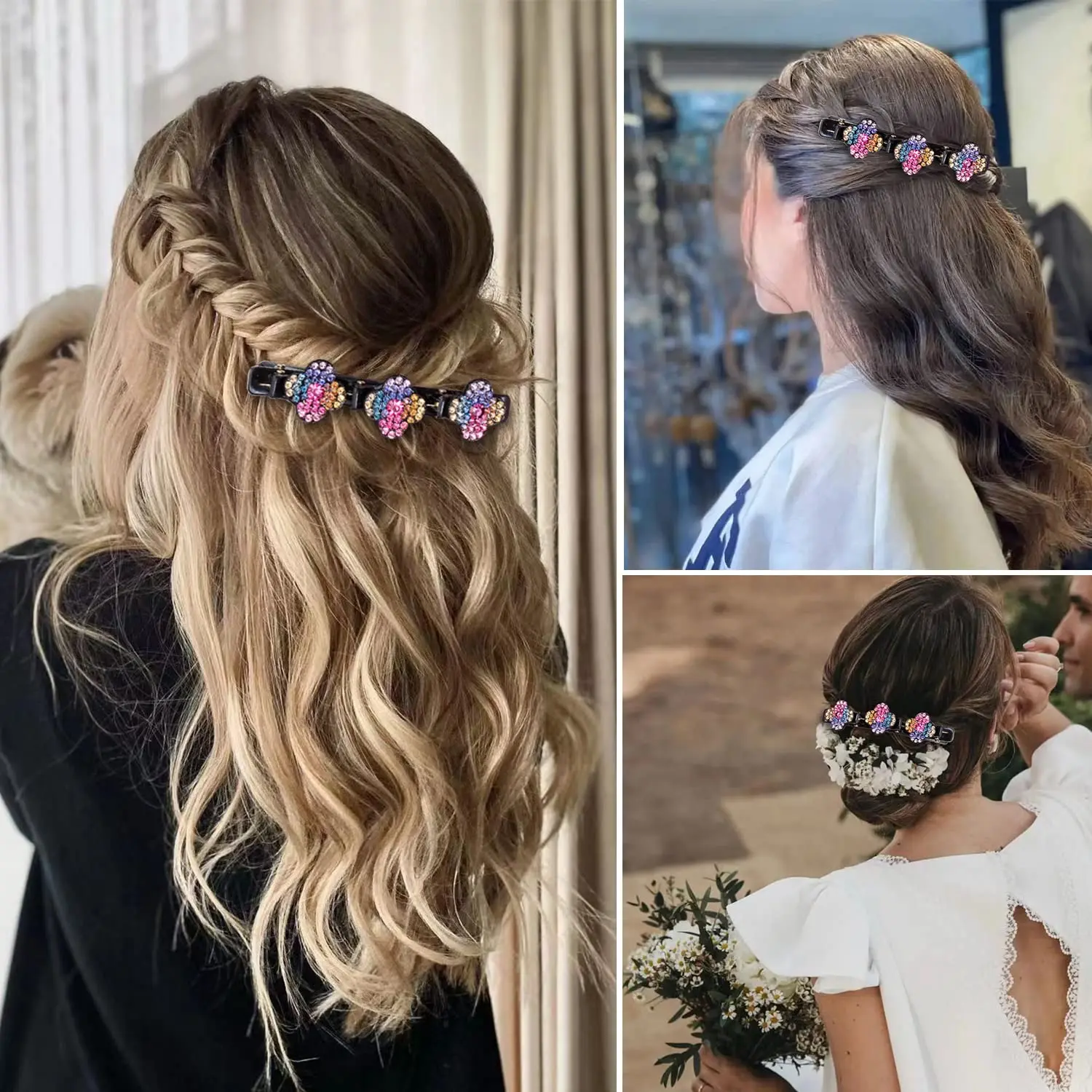 8pcs Sparkling Crystal Stone Braided Hair Clips for Thick Thin Hair, Girls / Women Hair Accessories for Styling Sectioning