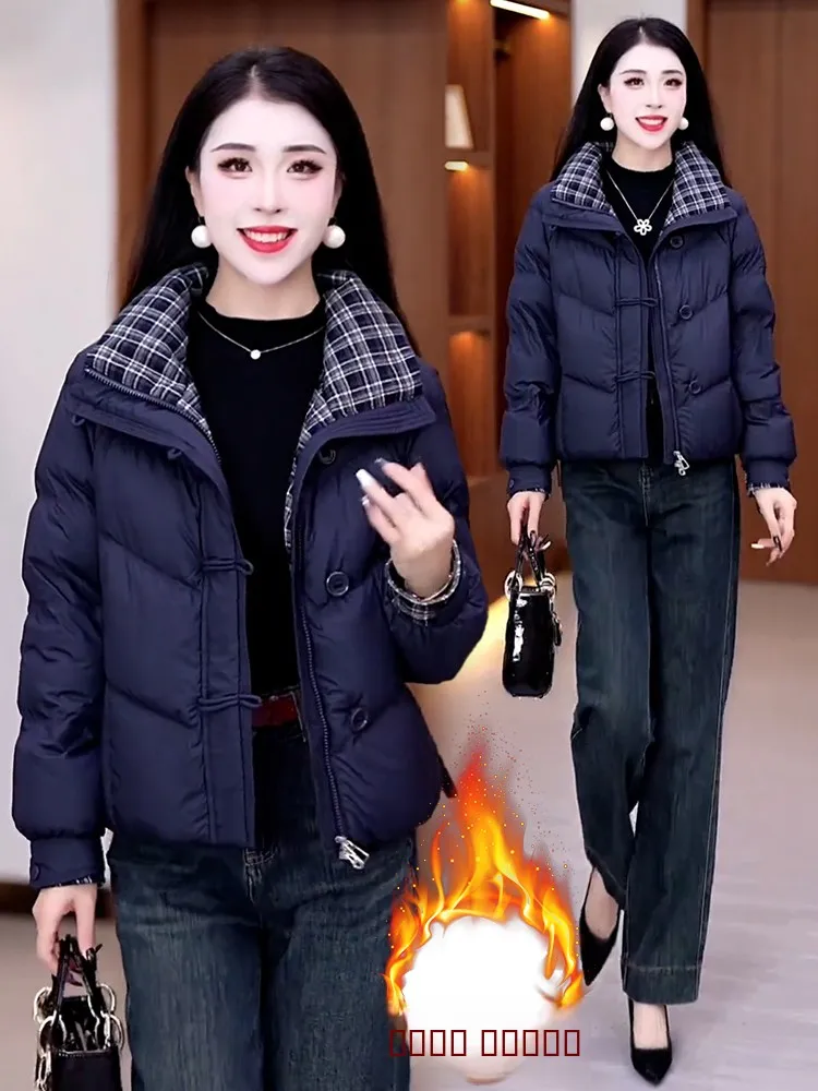 

Новая женская зимняя куртка из хлопка в клетку с воротником-стойкой, теплая, в корейском стиле, свободного кроя, однотонная