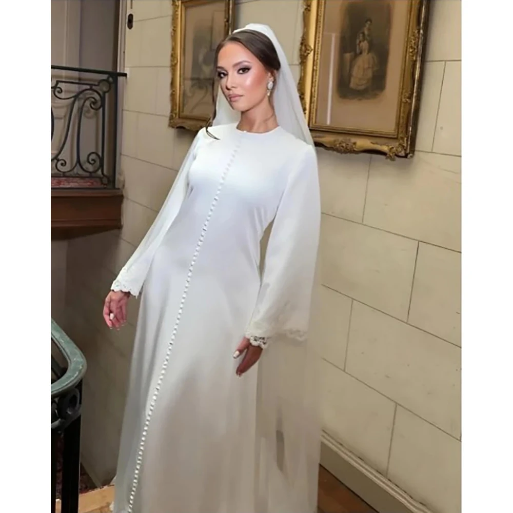 Vestidos de novia sencillos para mujer, personalizados, cuello redondo, encaje, manga larga, botones con hendidura, línea A, largo hasta el suelo, 2026