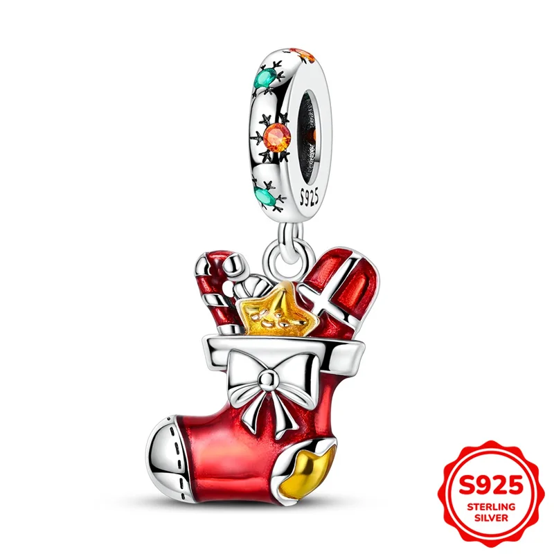 

Рождественская серия из стерлингового серебра 925 пробы, рождественский подарок, носки, подвеска, подходит для оригинального браслета, ожерелья, аксессуары, женские украшения, сделай сам, Gif