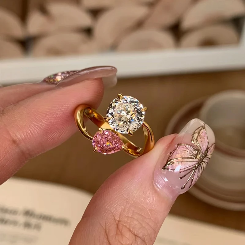 Foxanry Sparkling Water Drop Zircon Rings For Women Girls Trendy Elegant Romantic Sweet Temperament Wedding Bride Jewelry Gifts