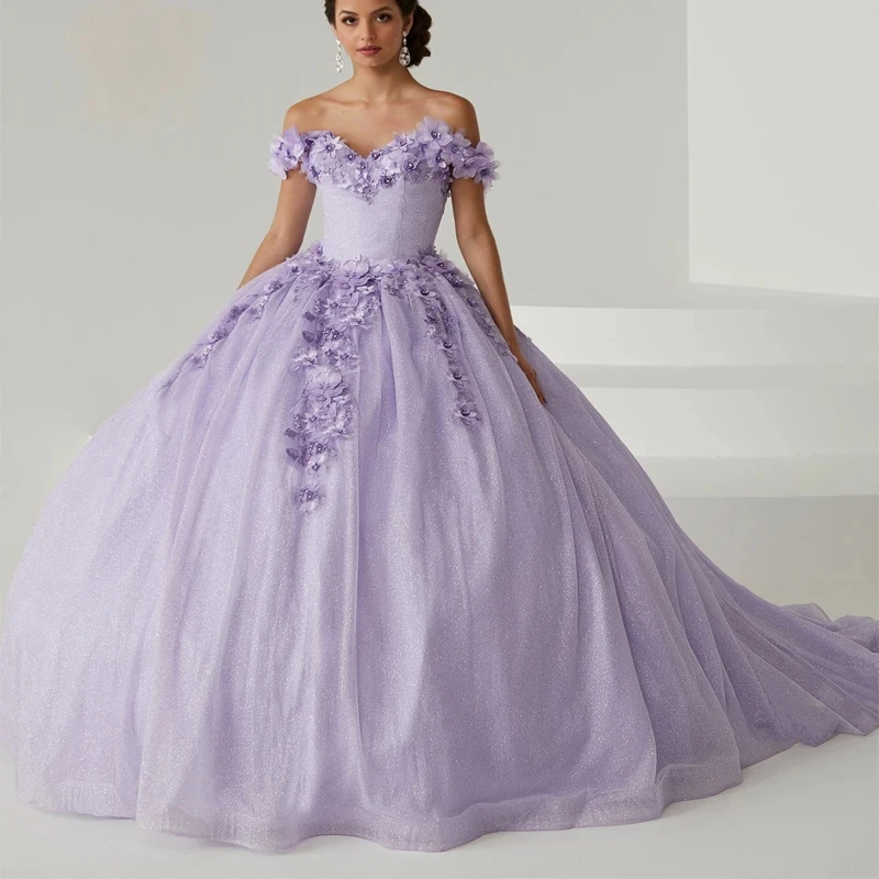 Elegant Lavender Purple Bar Mitzvah Dress Prom Dress 3D Flower Beaded Sweet 16th Birthday Party Dress Vestidos De 15 Años