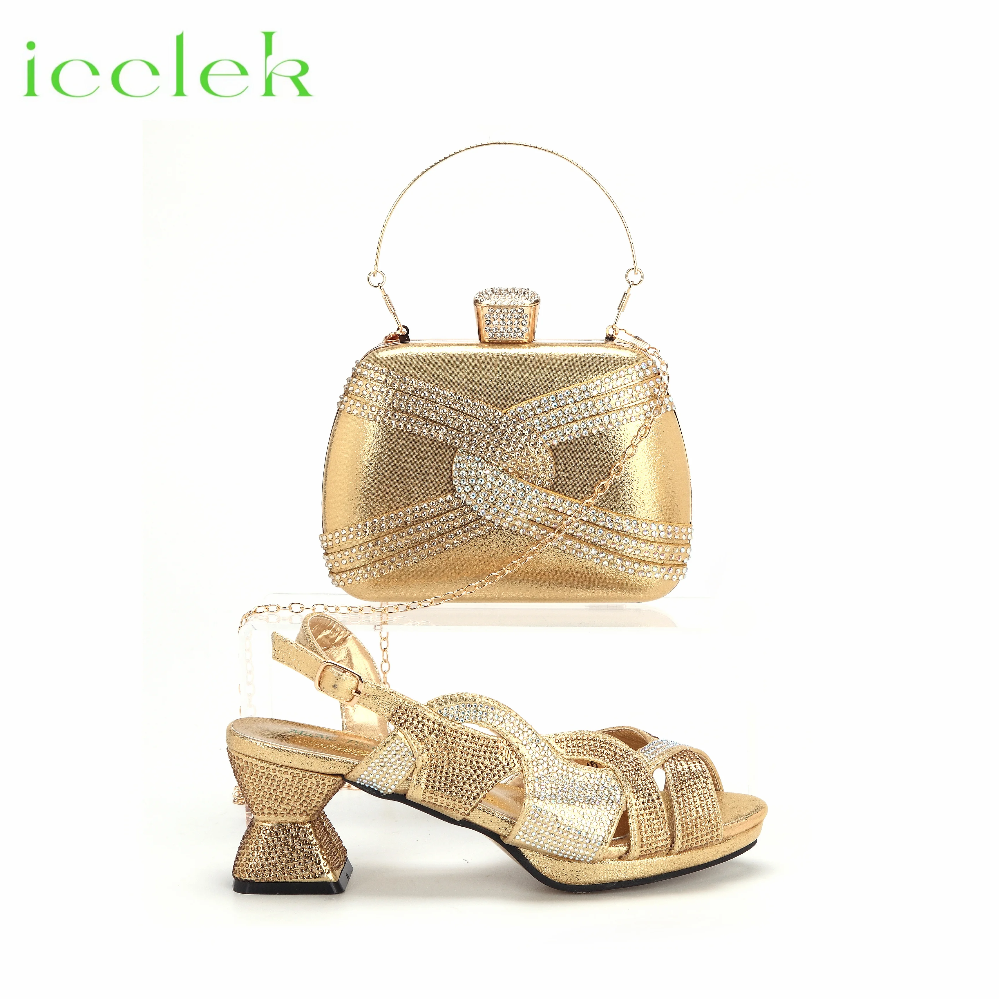 

Gold Color Fashionable High Quality Comfortable Heels Ladies Shoes Matching Bag Set For Wedding Party