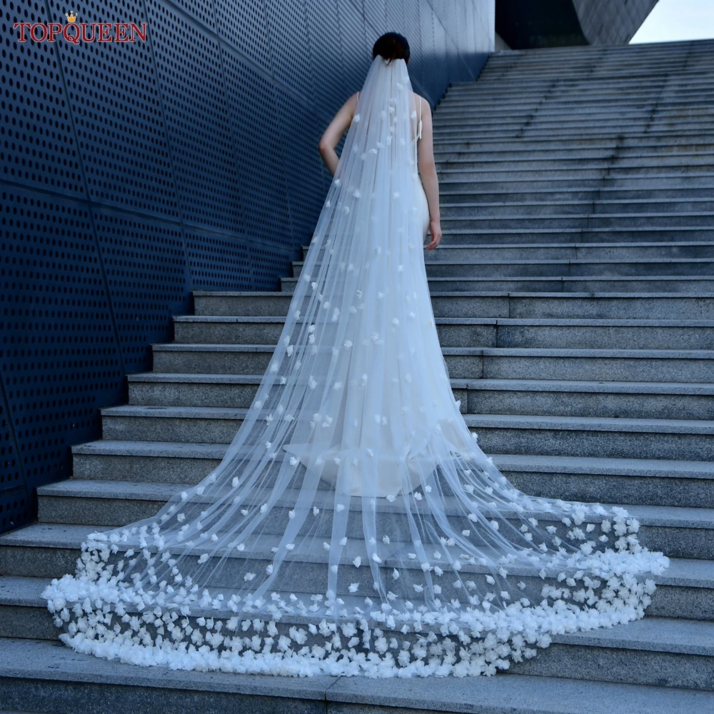 TOPQUEEN V93 Luxurious 3d Flowers Bridal Veils Long Cathedral Style Wedding Veil Long with Comb Extra Long Royal Wedding Veil