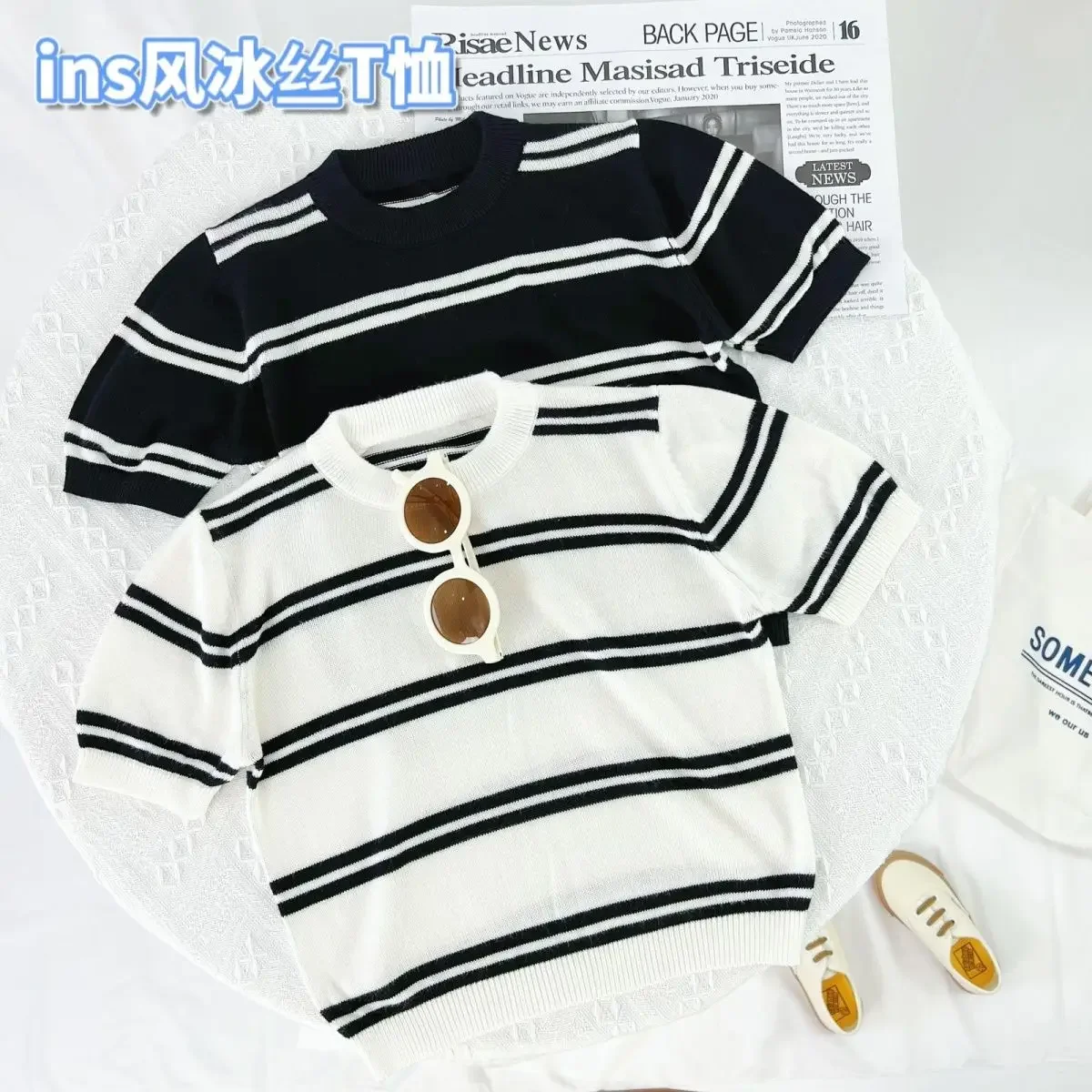 1-7T Children's Short Sleeve Elastic Ice Silk Knit Shirt Summer Thin Baby T-shirt Boys Girls Top Unisex Versatile Striped Top