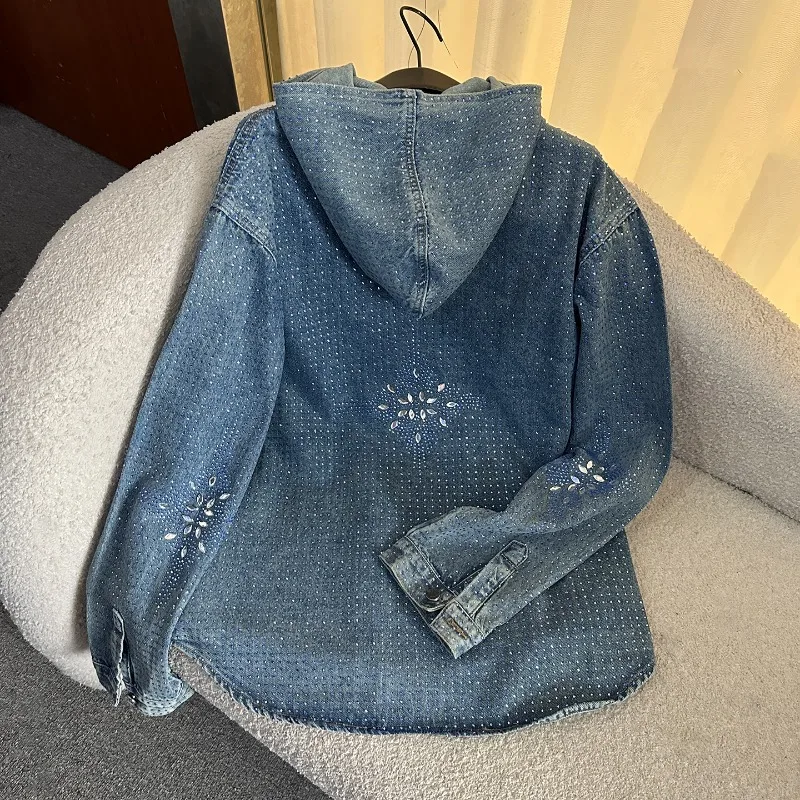 重工業風ラインストーン付きフード付き長袖デニムブラウスジャケットルーズファッション トップス 2025年秋新作ハイエンドシャツ
